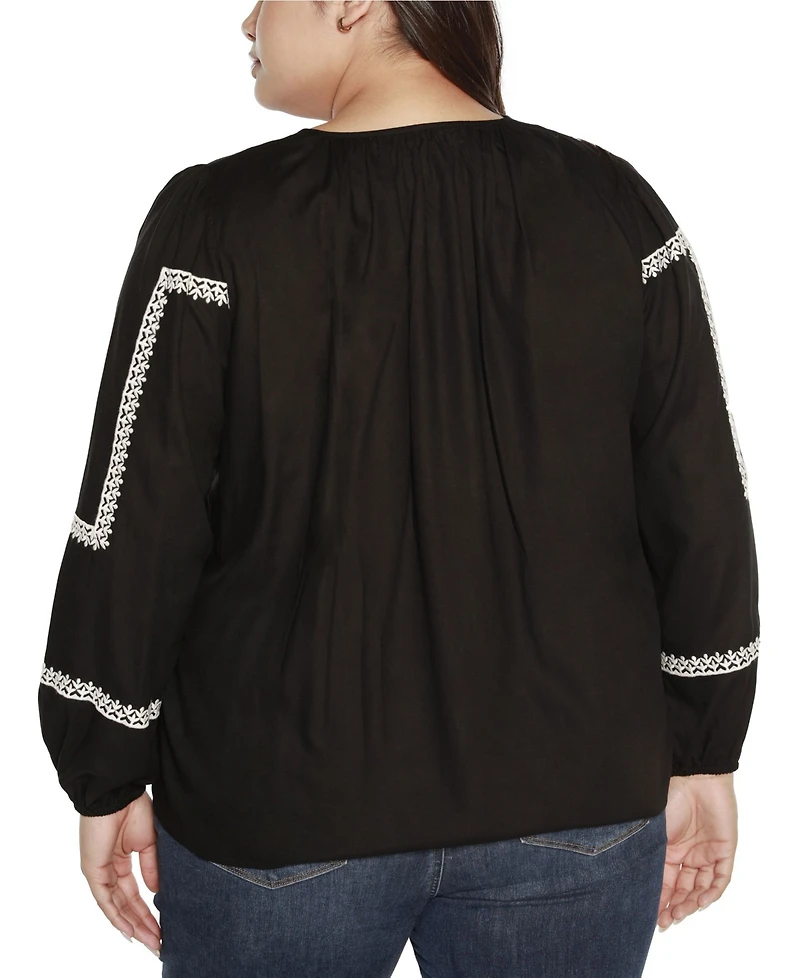 Belldini Black Label Plus Embroidered Blouson Tie Neck Top