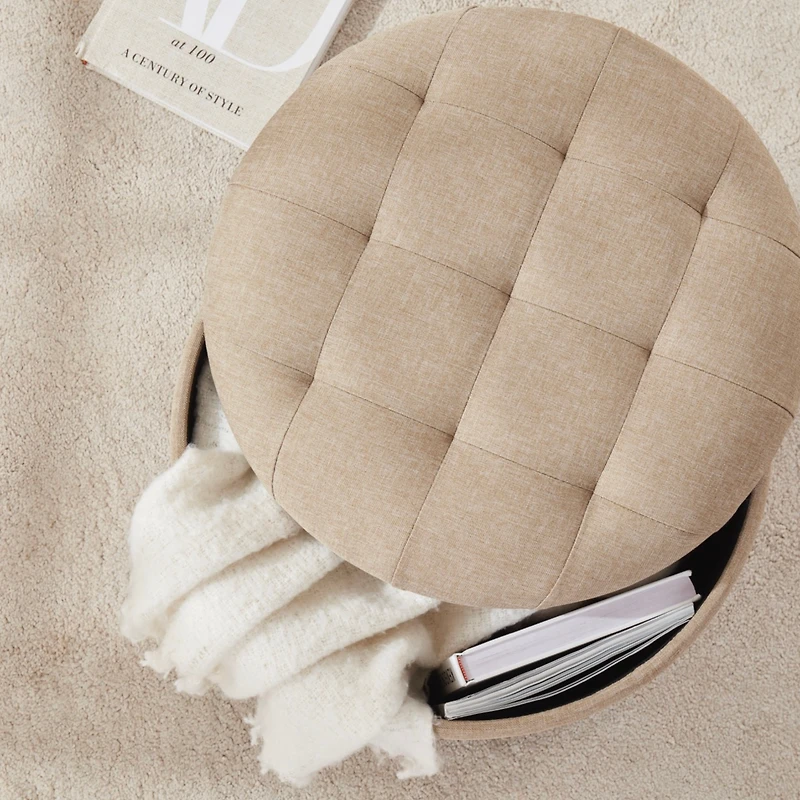 Donovan Round Tufted Linen Storage Ottoman