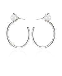 T Tahari Silver-Tone Imitation Pearl Open C Hoop Earrings