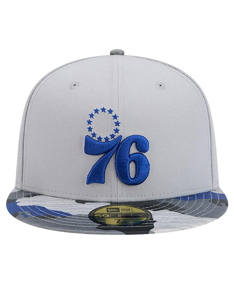 Men's New Era Gray Philadelphia 76ers Active Color Camo Visor 59FIFTY Fitted Hat