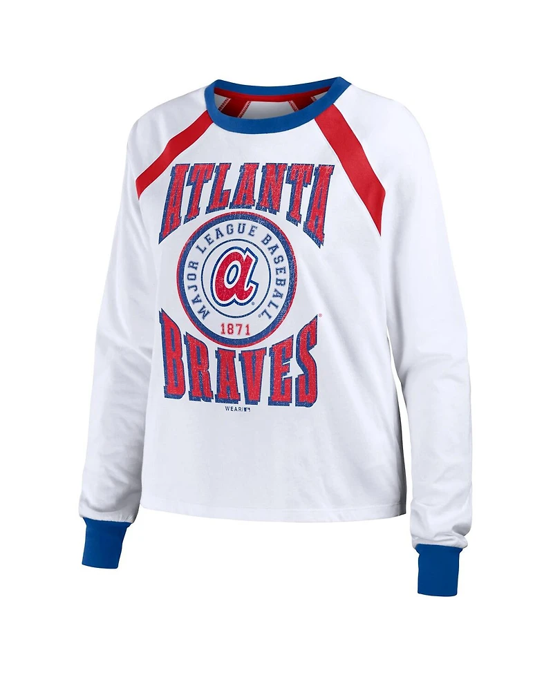 Women's Wear by Erin Andrews White Distressed Atlanta Braves Raglan Long Sleeve T-shirt
