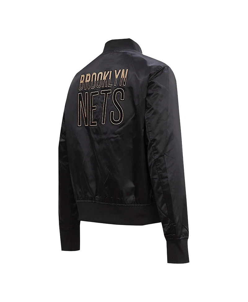 Women's Pro Standard Black Brooklyn Nets Glam Satin Full-Snap Varsity Jacket