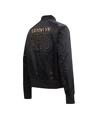 Women's Pro Standard Black Brooklyn Nets Glam Satin Full-Snap Varsity Jacket
