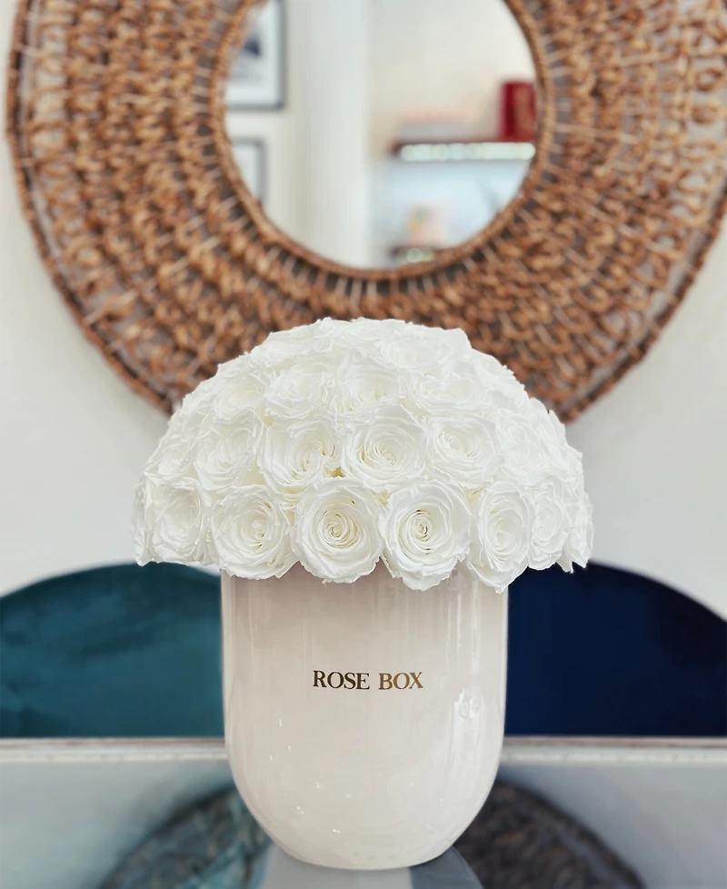 Rose Box Nyc Half Ball of Pure White Long Lasting Preserved Real Roses in Premium Ceramic Vase, 50-55 Roses