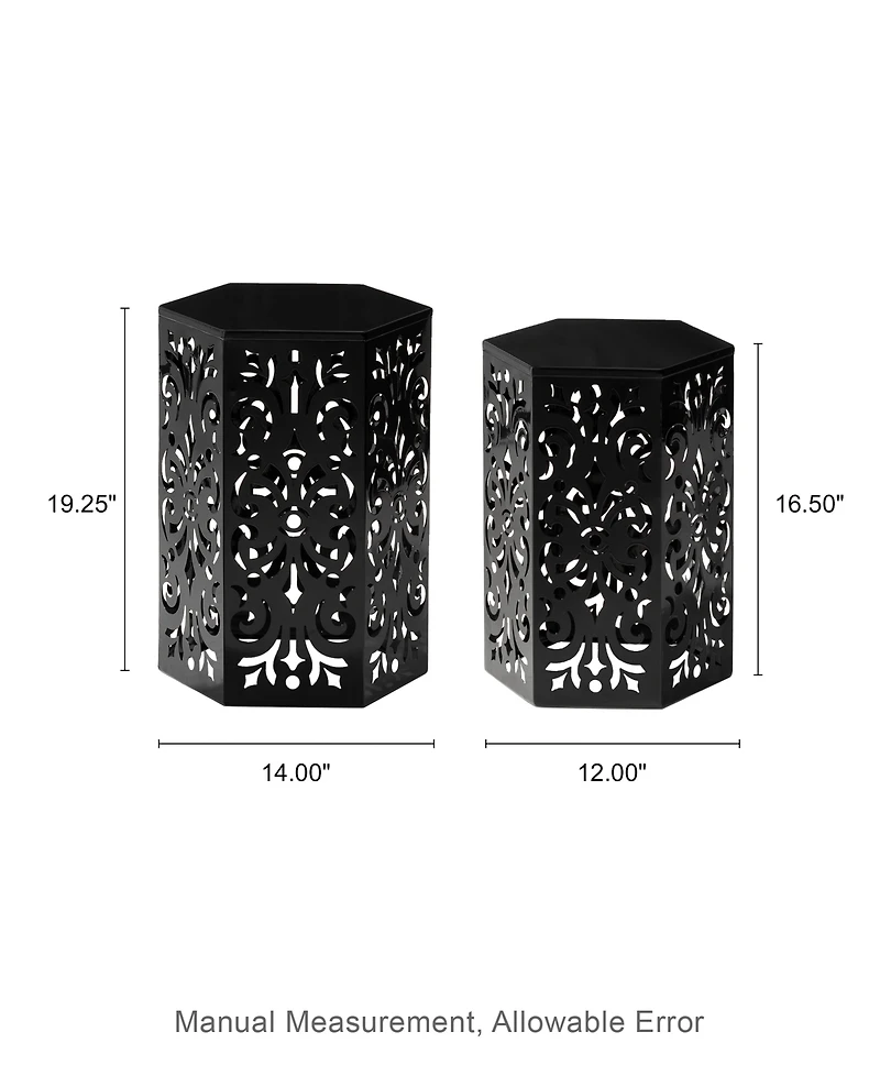 Glitzhome Multi-Functional Set of 2 Black Iron Cutout Floral Garden Stools or Planter Stand