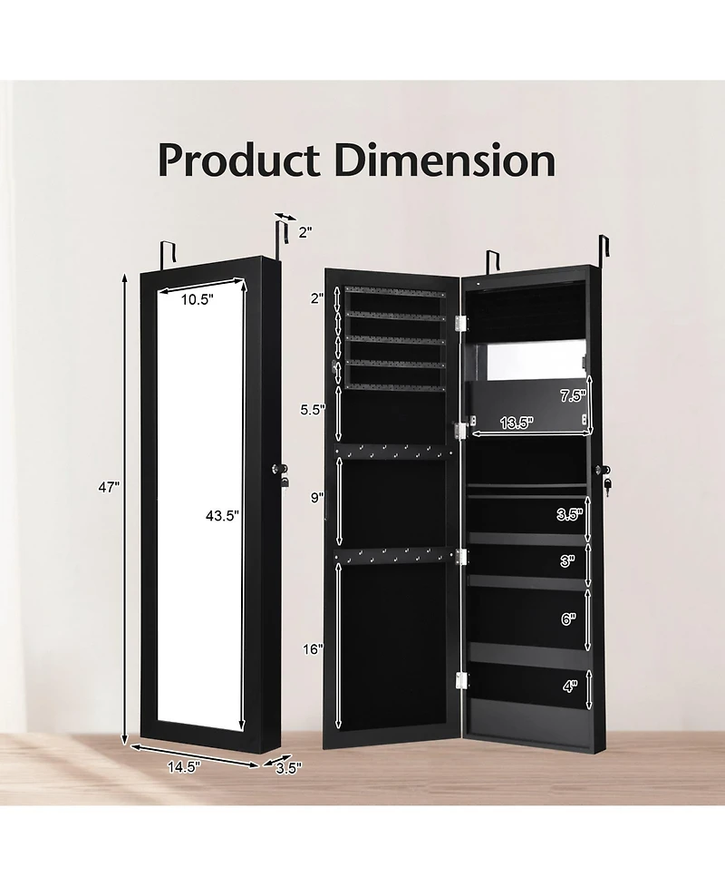Sugift Lockable Wall Door Mounted Mirror Jewelry Cabinet with Led Lights
