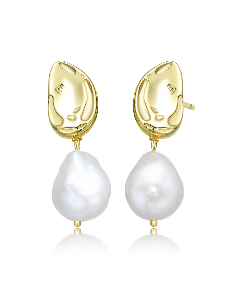 Elegant Sterling Silver with 14K Gold Plating and Genuine Freshwater Pearl Dangling Earrings
