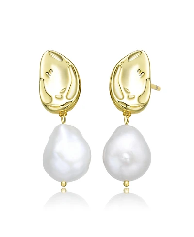 Elegant Sterling Silver with 14K Gold Plating and Genuine Freshwater Pearl Dangling Earrings