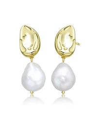 Elegant Sterling Silver with 14K Gold Plating and Genuine Freshwater Pearl Dangling Earrings