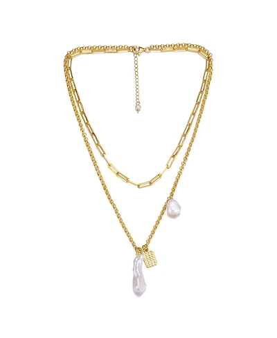 Sterling Silver 14K Gold Plated Genuine Freshwater Pearl Lobster Claw Layered Necklace