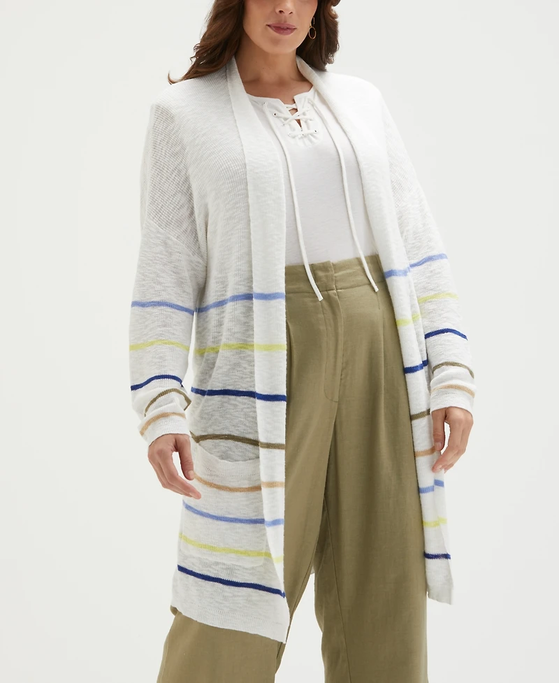Ella Rafaella Plus Cotton-Linen Blend Striped Cardigan Sweater