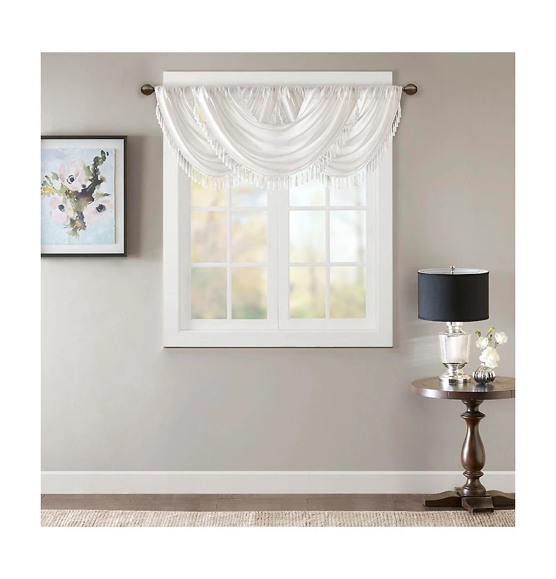 Madison Park Elena Faux Silk Waterfall Embellished Valance Window for Bedroom and kitchen, Lining Rob Pocket/Back Tab valances windows