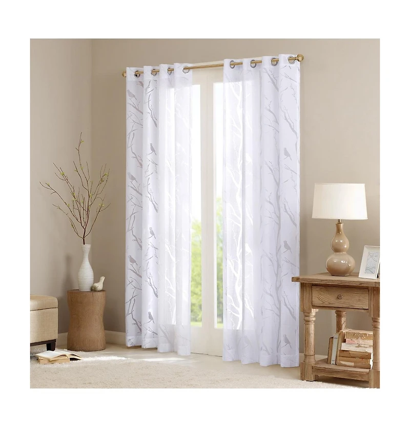 Madison Park Averil Grommet Top Sheer Window Curtain, grey sheer curtains 95 inches long Single Curtain, Width 50 Bird on Branches Burnout curtains sh