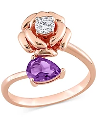 Amethyst (5/8 ct. t.w.) & White Topaz (1/3 Rose Bypass Ring Rose-Plated Sterling Silver
