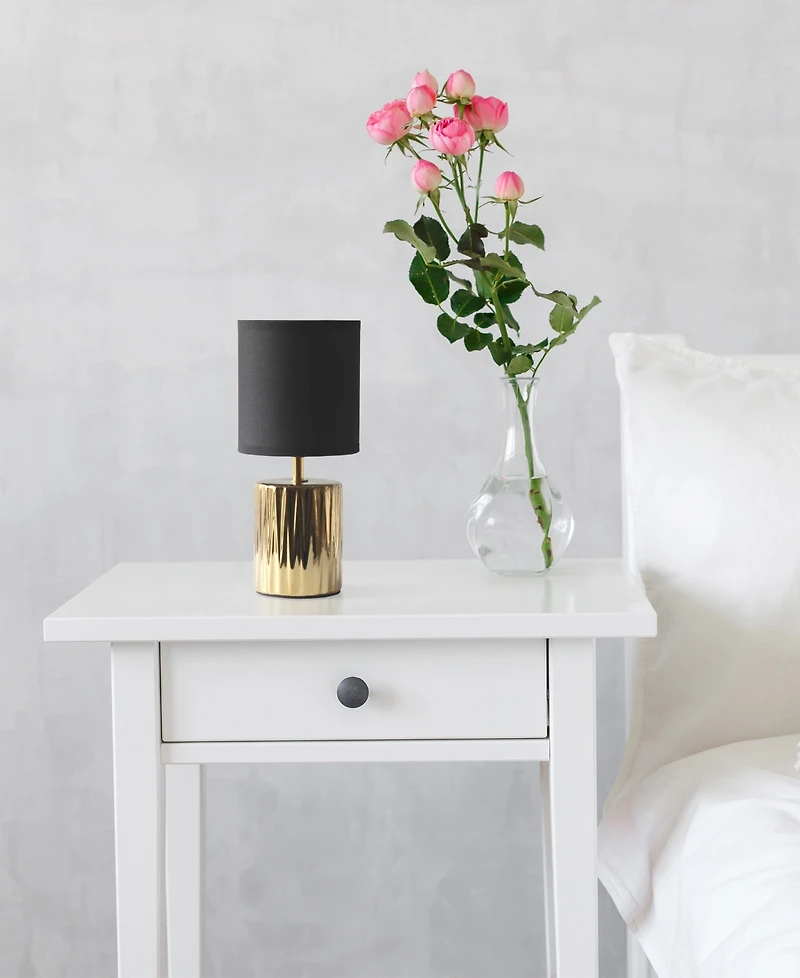 Simple Designs 11.61" Tall Contemporary Ruffled Metallic Gold Capsule Bedside Table Desk Lamp with Black Drum Fabric Shade