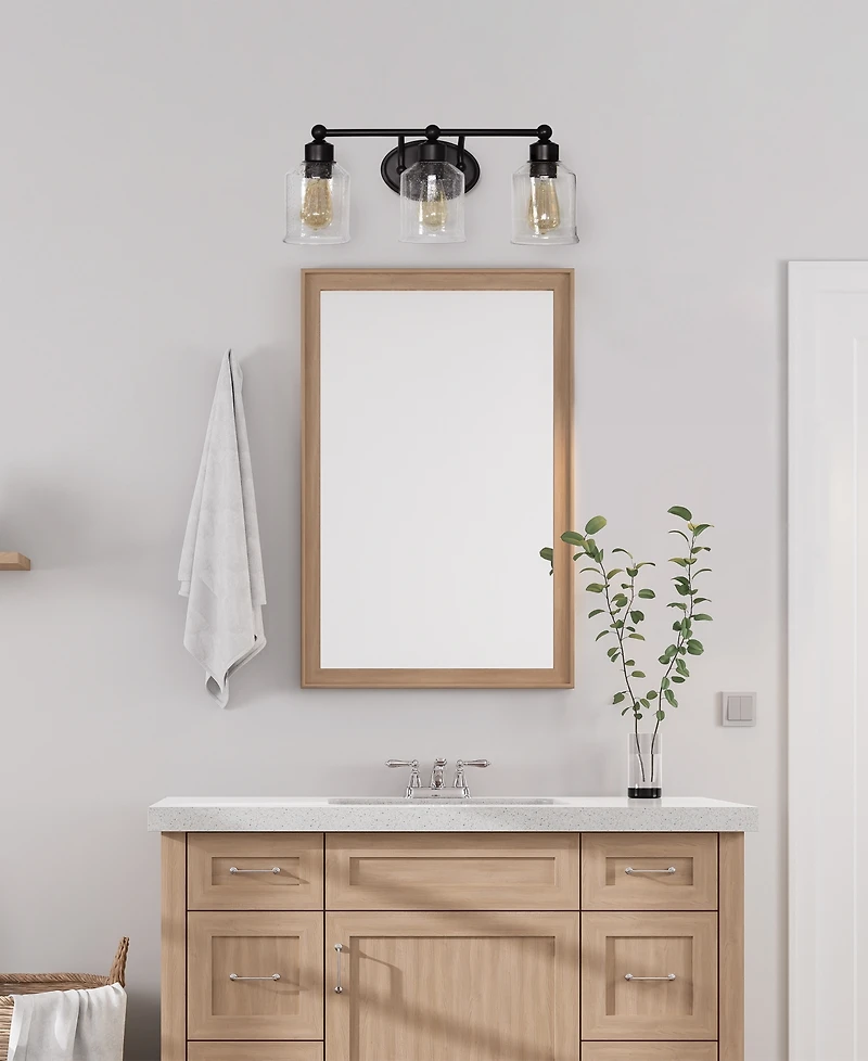 Lalia Home Studio Loft Modern Three Light Metal and Clear Seeded Glass Shade Vanity Uplight Downlight Wall Mounted Fixture