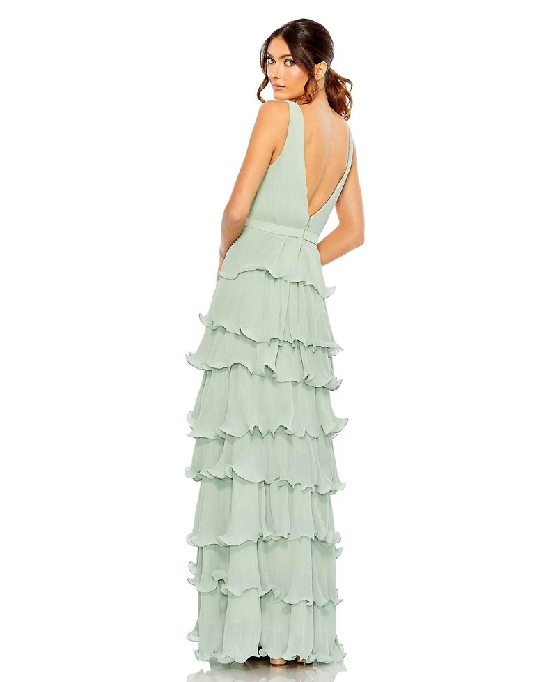 Mac Duggal Women's Sleeveless Ruffle Tiered V Neck Gown