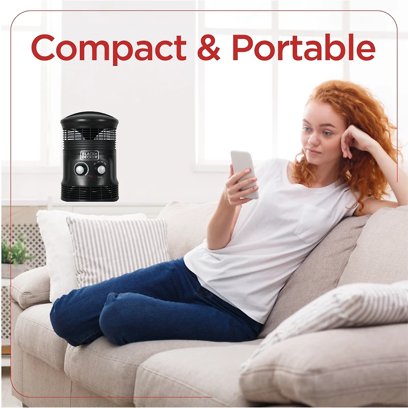 Black and Decker Electric Heater, 360° Surround Portable Heater， Space Heater with 3 Settings and Manual Controls
