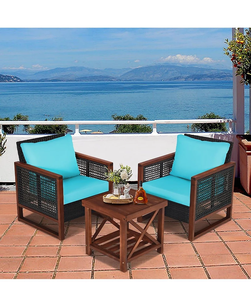 Slickblue 3 Pieces Patio Wicker Furniture Set with Washable Cushion and Acacia Wood Coffee Table