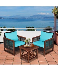 Slickblue 3 Pieces Patio Wicker Furniture Set with Washable Cushion and Acacia Wood Coffee Table