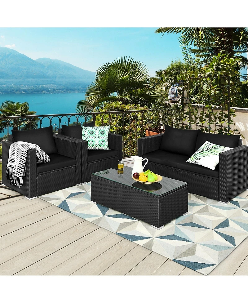 Slickblue 4 Pieces Patio Rattan Conversation Set with Padded Cushion and Tempered Glass Coffee Table