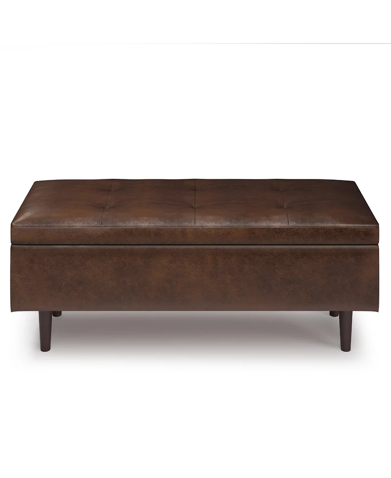 Simpli Home Shay Mid Century Rectangular Storage Ottoman in Distressed Chestnut Brown Pu Leather