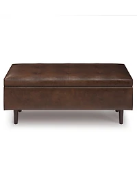 Simpli Home Shay Mid Century Rectangular Storage Ottoman in Distressed Chestnut Brown Pu Leather