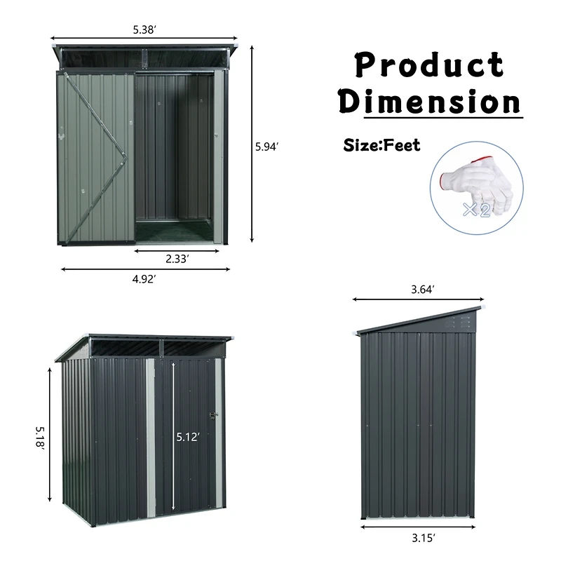 5FT X 3FT Outdoor Metal Storage Shed Transparent Plate Gray