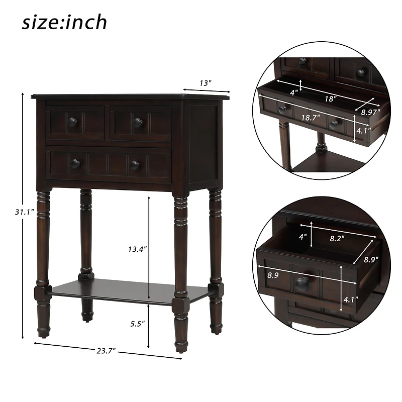 Streamdale Furniture Narrow Console Table, Slim Sofa Table With Three Storage Drawers And Bottom Shelf