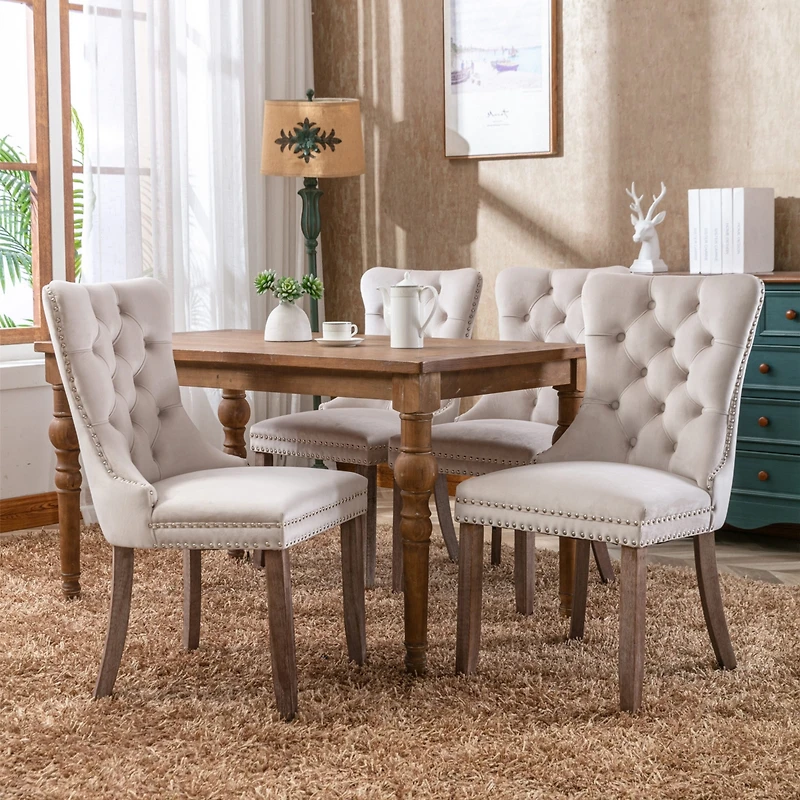 Modern, High-end Tufted Solid Wood Contemporary Velvet Upholstered Dining Chair with Wood Legs Nailhead Trim 2-Pcs Set,Beige