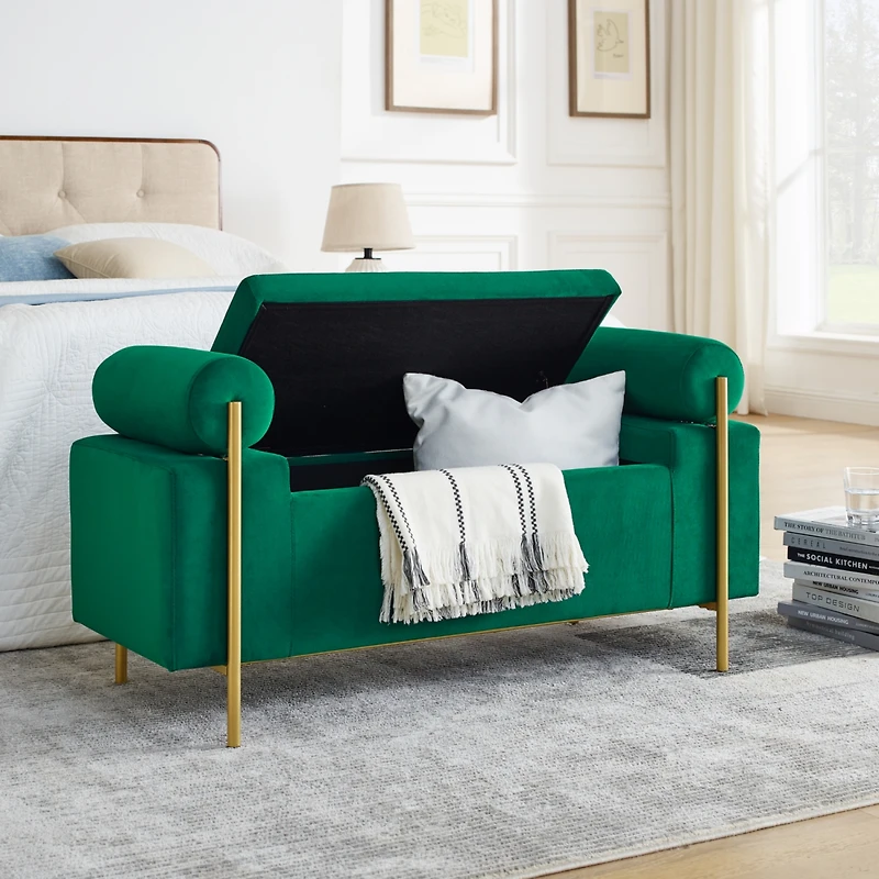 Green Velvet Storage Bench with Iron Legs