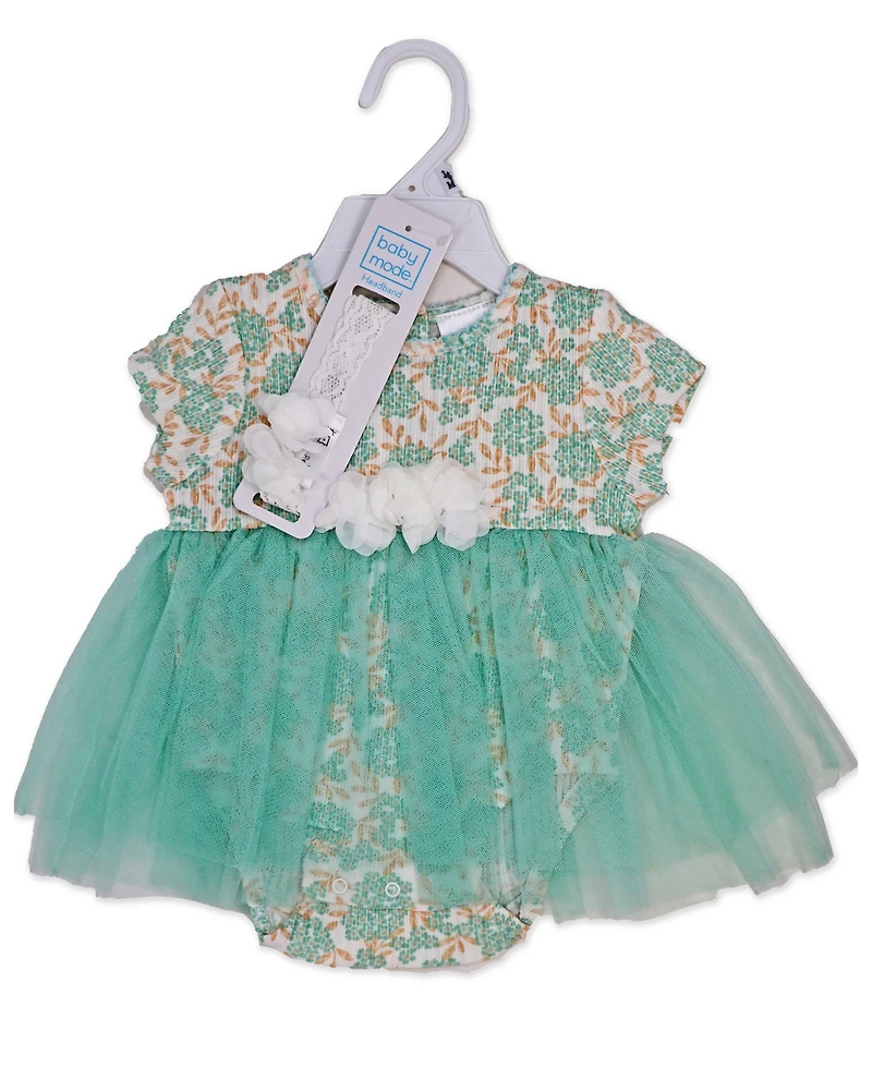Baby Mode Girls 2 Piece Aqua Floral Romper with Tulle Over Skirt and Matching Headband