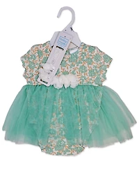 Baby Mode Girls 2 Piece Aqua Floral Romper with Tulle Over Skirt and Matching Headband