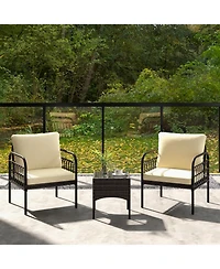 Slickblue 3 Pieces Patio Wicker Conversation Set with Cushions and Tempered Glass Coffee Table-Beige