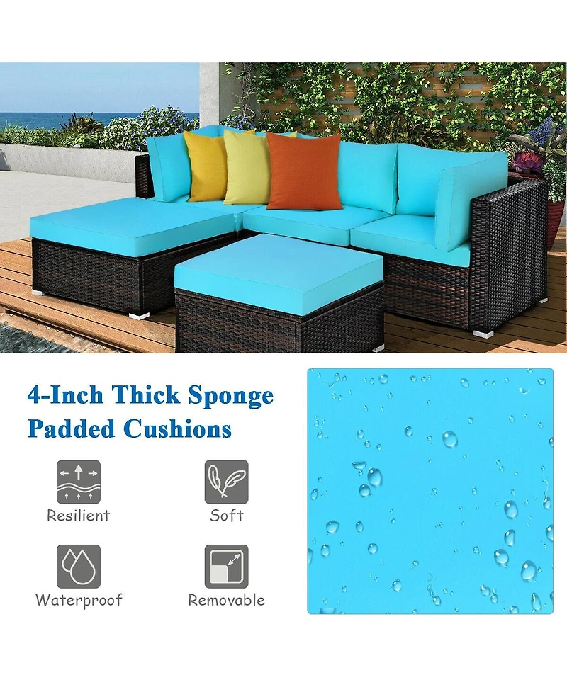 Slickblue 5 Pieces Patio Sectional Rattan Furniture Set with Ottoman Table