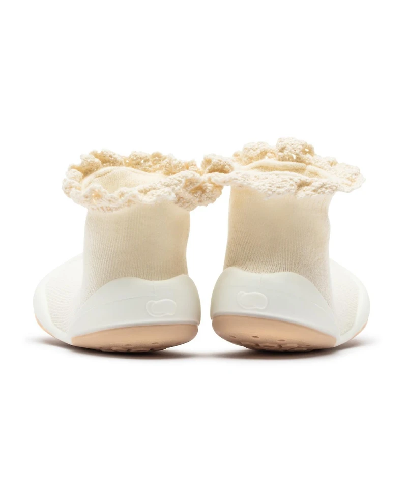 Komuello Infant Girl Breathable Washable Non-Slip Sock Shoes Lace trim - Off White