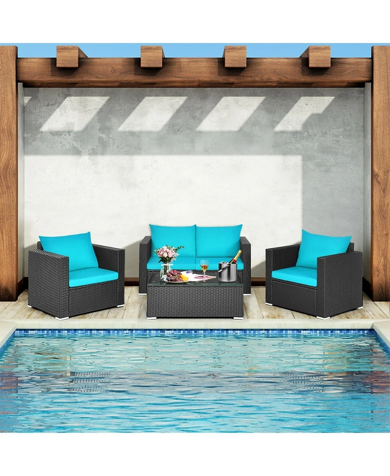 Slickblue 4 Pieces Patio Rattan Conversation Set with Padded Cushion and Tempered Glass Coffee Table