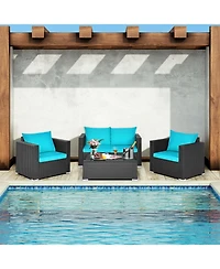 Slickblue 4 Pieces Patio Rattan Conversation Set with Padded Cushion and Tempered Glass Coffee Table