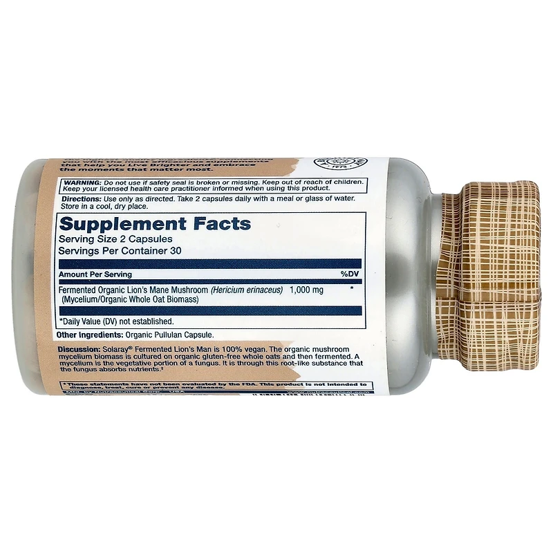 Solaray Organic Lion's Mane Fermented - 60 Organic Capsules (500 mg per Capsule)