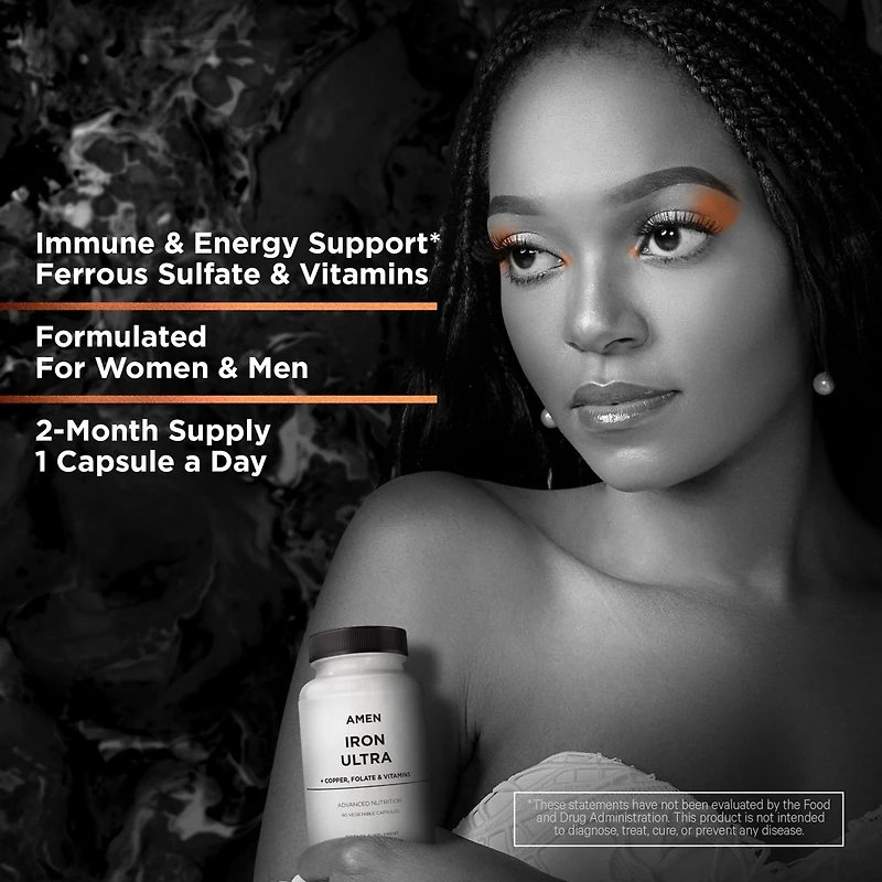 Amen Iron Ultra Supplement + Copper, Folate, Vitamin C and Vitamin B12-2-Month Supply - Ferrous Sulfate Iron Vitamin - Iron 65mg Per Serving