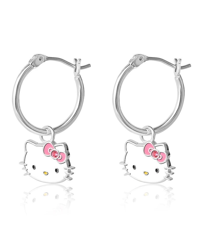 Hello Kitty Sanrio Silver Plated Pink Crystal Charm Hoop Earrings