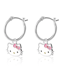 Hello Kitty Sanrio Silver Plated Pink Crystal Charm Hoop Earrings