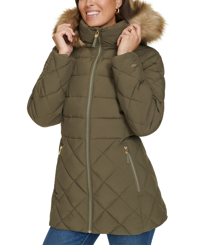 Tommy Hilfiger Women's Bibbed Faux-Fur-Trim Hooded Puffer Coat, Created for Macy's