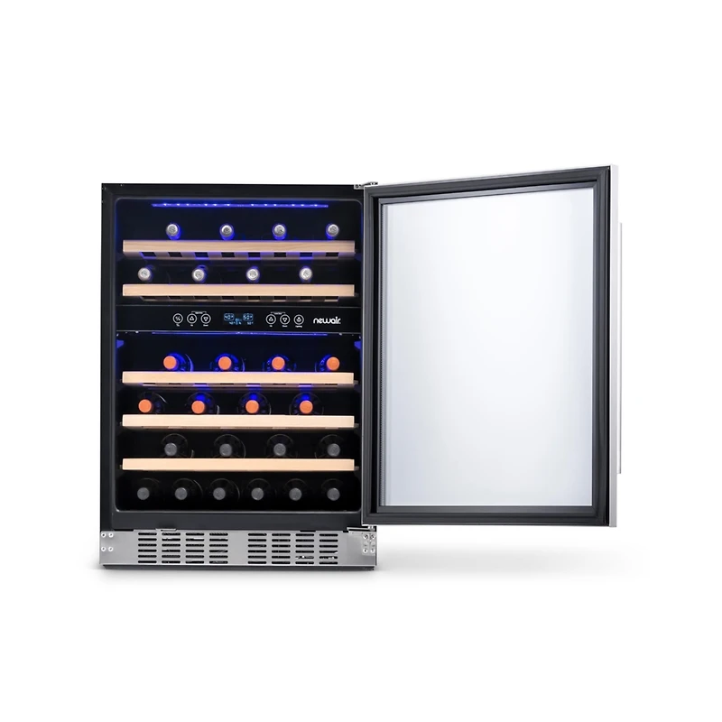 Newair 24 inch 46 Bottle Wine Cooler Refrigerator, Built-in Recessed Kickplate, Dual Zone Wine Fridge in Stainless Steel