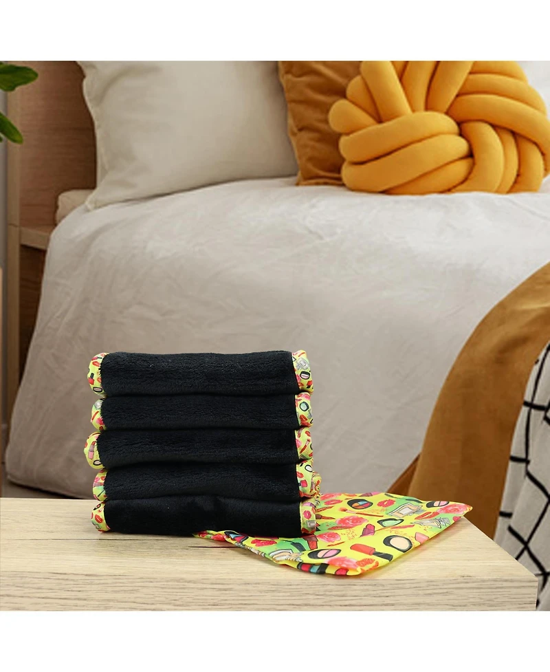 Decorative Microfiber Makeup Remover Cloths (Pack of 5, Design Options), Soft Coral Fleece Reusable Towels with a Travel Bag, Facial Wash Cloth