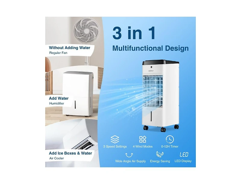 3-in-1 Evaporative Air Cooler with 4 Modes-White