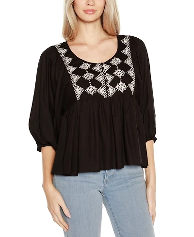 Belldini Black Label Embroidered Boho Fit-and-Flare Top