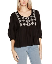 Belldini Black Label Embroidered Boho Fit-and-Flare Top