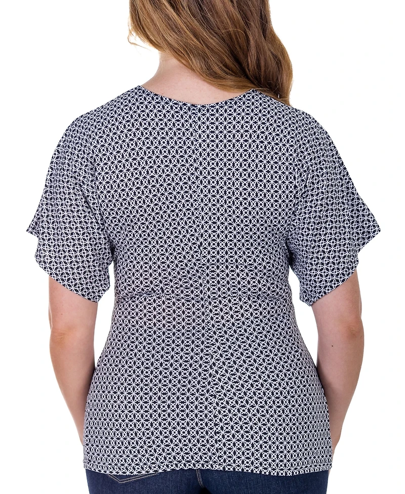 24seven Comfort Apparel V Neck Geometric Print Knot Front Kimono Sleeve Top