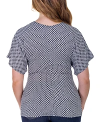 24seven Comfort Apparel V Neck Geometric Print Knot Front Kimono Sleeve Top
